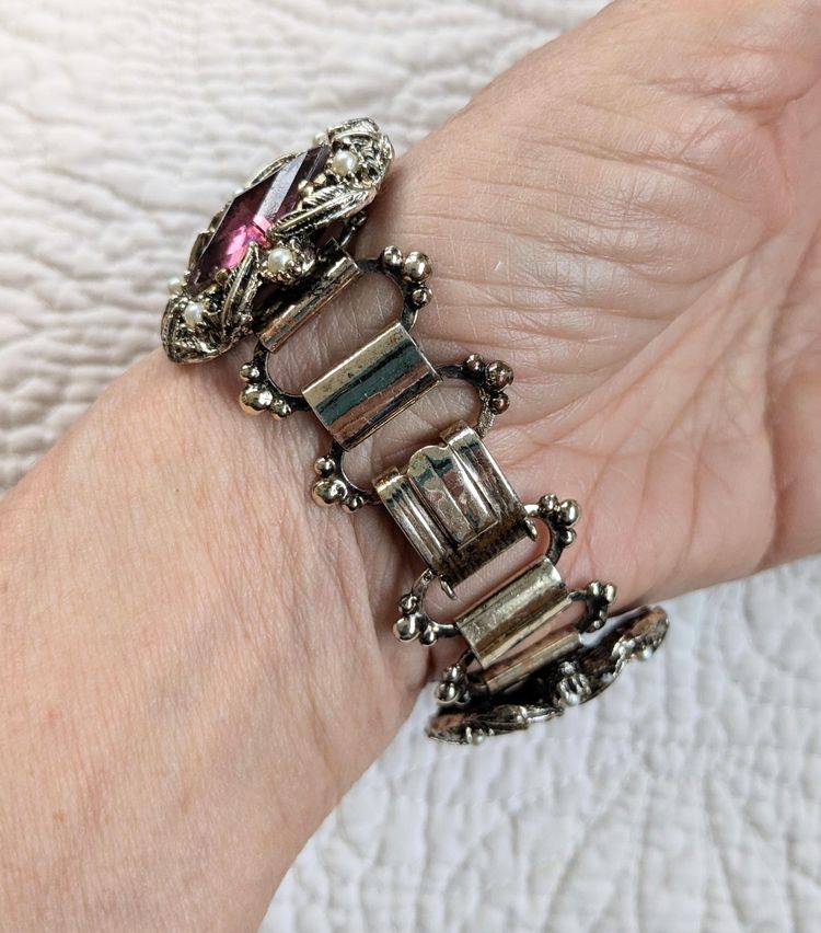 Vintage Chunky Silver Tone Bracelet with Purple Glass Cabochons and Seed Pearls