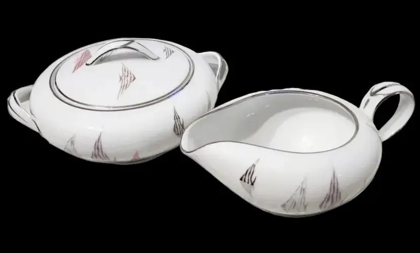 Vintage MCM Noritake “Tropica” Covered Sugar And Creamer Set - Atomic Style Fish - Platinum Trim