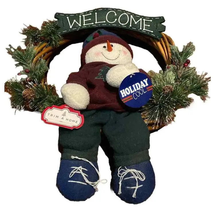 Holiday Wreath Snowman Vine Christmas "WELCOME" Front Door Winter Décor NWT