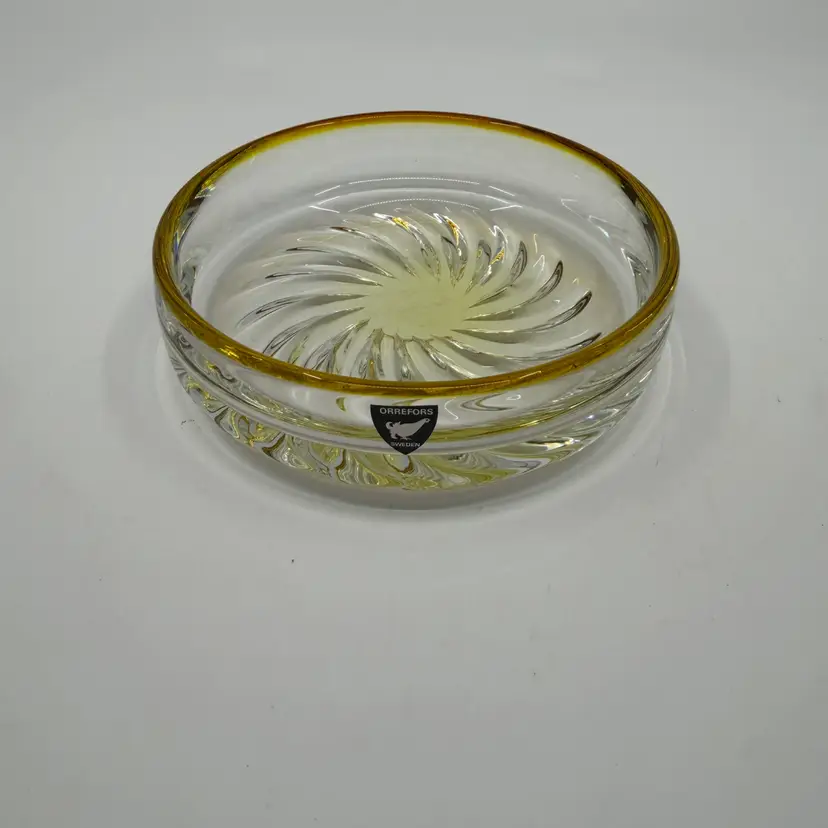 Signed EVA ENGLUND ORREFORS Art Glass Bowl Sculpture Amber Glass, 1970's
