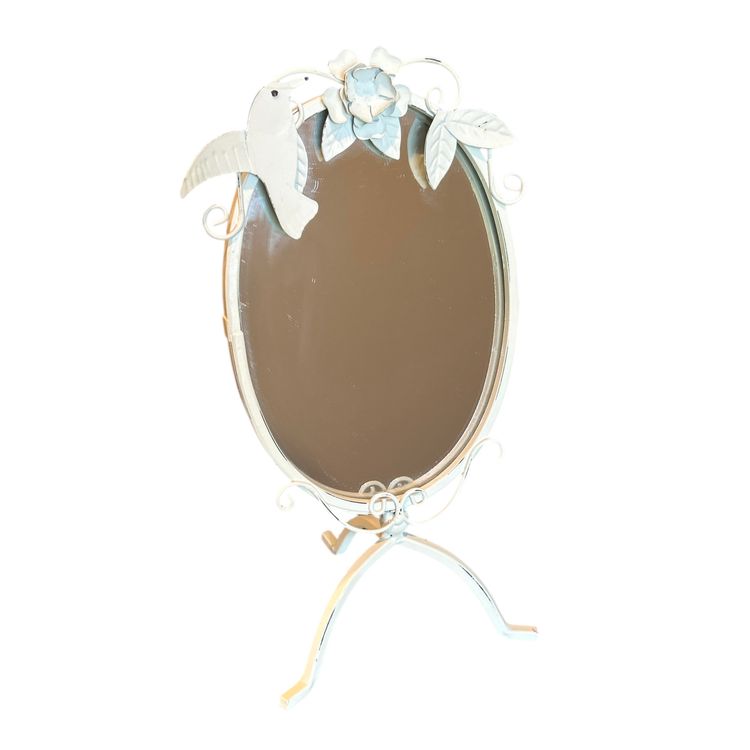SICURA Italian Freestanding Vanity Mirror Cream Distressed Metal Oval Flower and Bird