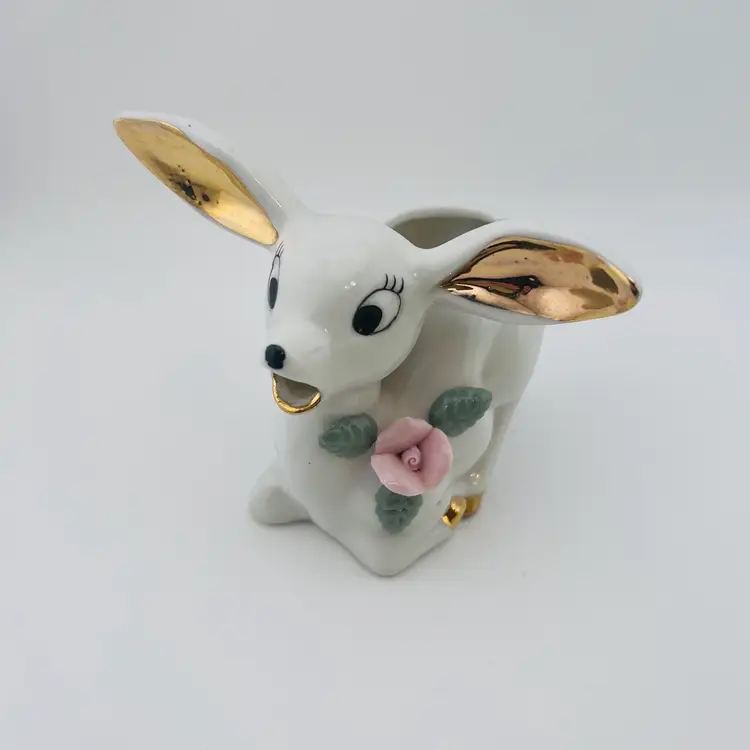 Vintage Ceramic Deer Creamer With Pink Flower And Gold Accents 4.25”x 4.5”