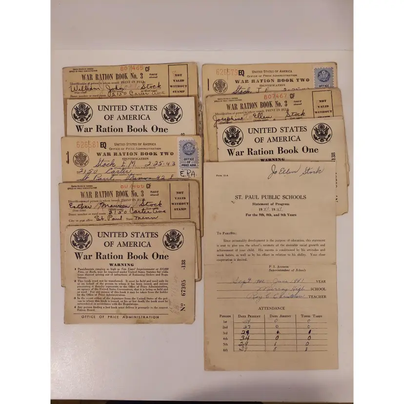Set Of 8 WWII War Ration Books And 1 School Progress Record