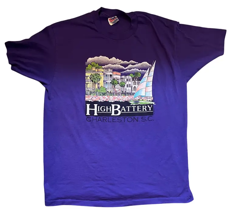 Vintage Hanes High Battery Charleston S.C. Purple Graphic T-Shirt XL 90s USA