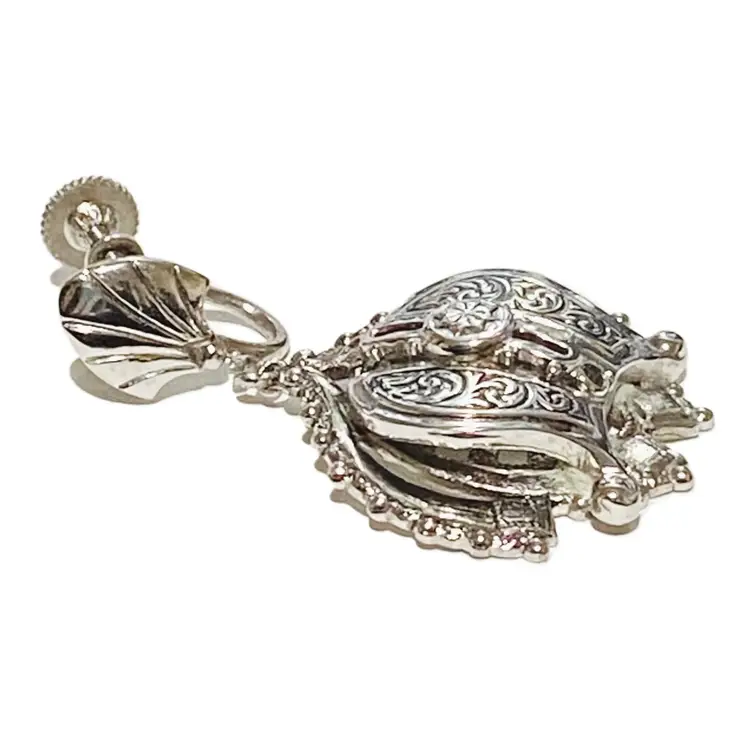 Vintage Karu Screw Back Dangle Earrings, Victorian Revival, Silver Tone