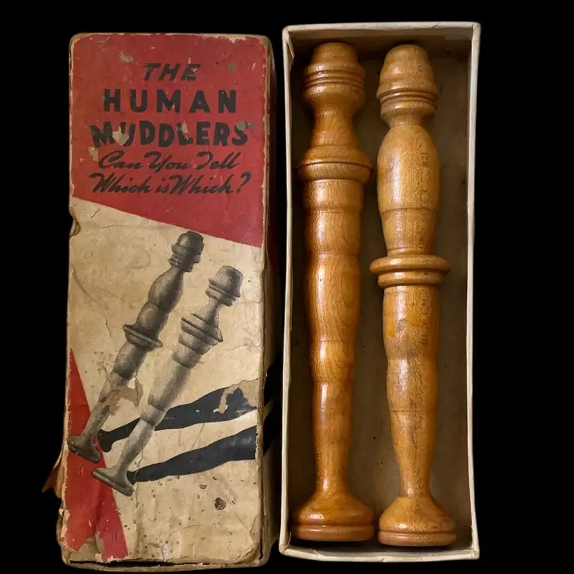 Vintage The Human Muddlers Boxed Wood Muddlers Set 7” VTG Gag gift