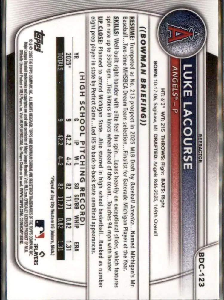 2025 Bowman Draft #BDC-123 Luke LaCourse Chrome Refractor - (138) - Los Angeles Angels