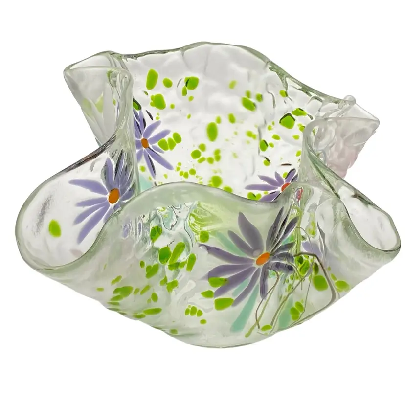 Handmade Fused Glass Ruffled Vase/Candle Holder, Signed by Artist Vi Laux, 2008, Colorful