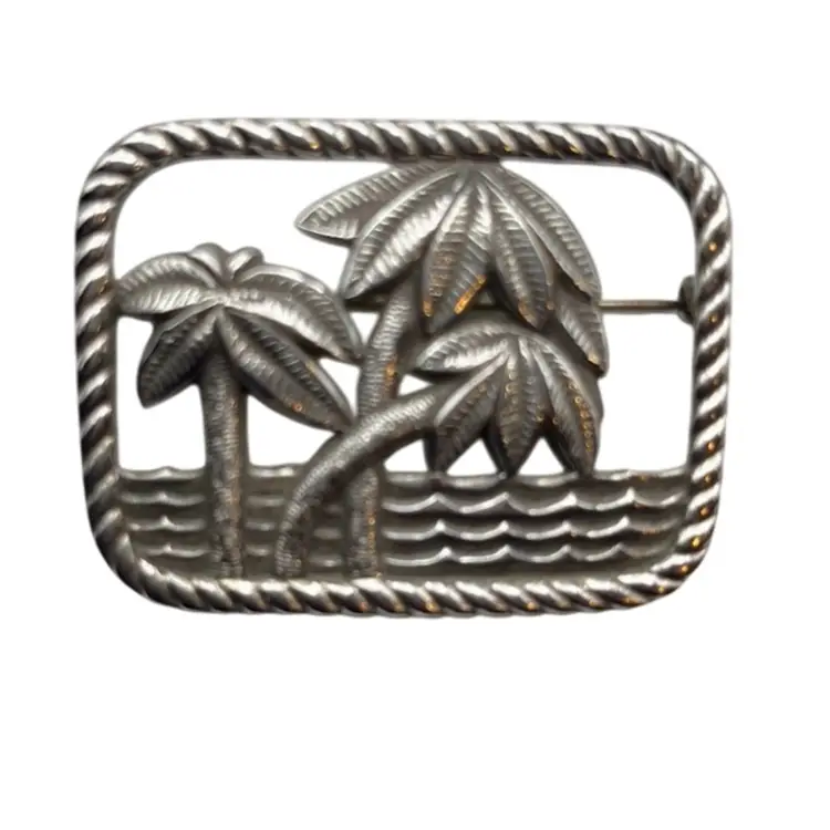 Vintage Sterling Silver 925 Palm Trees And Ocean Brooch, Textured Detail