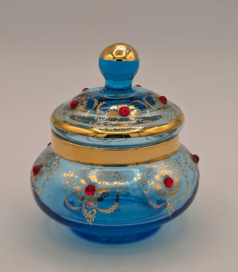 Bohemian Czech Hand Blown Blue Art Glass Lidded Vanity Jar Hand Painted Gold Gild Red Jewels