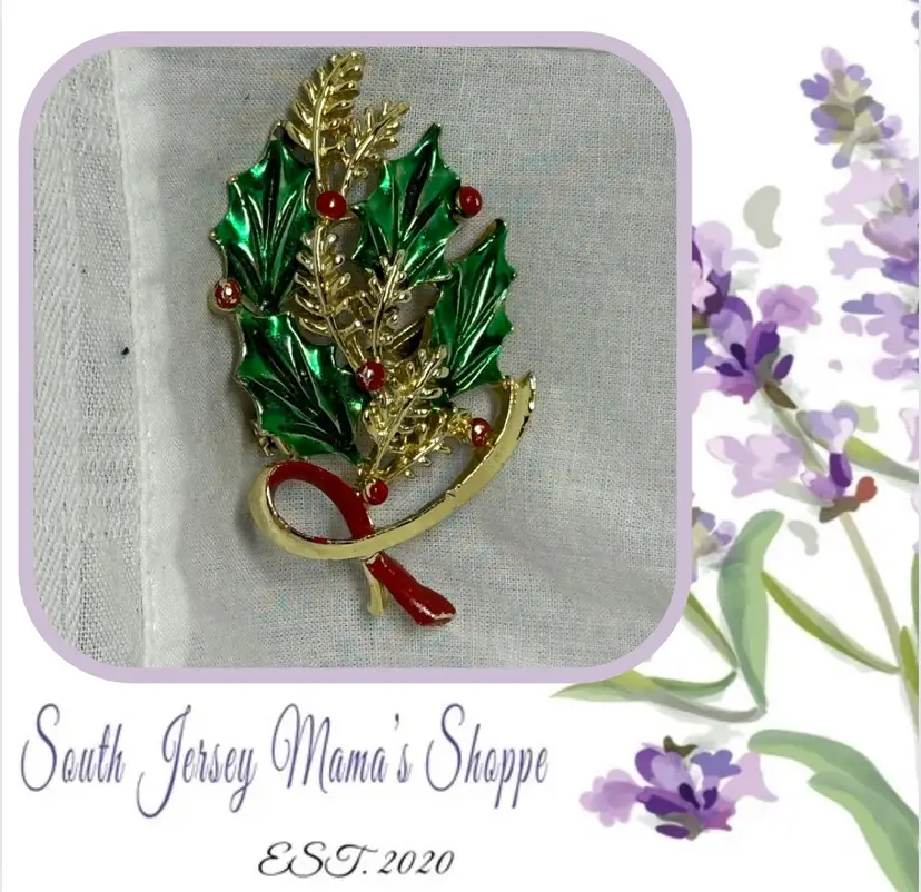 Vintage Gold Tone Holy Leaf Swag Enamel Brooch