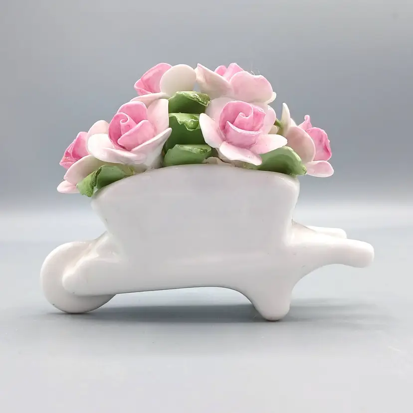 Vintage Royale Staffordshire Abbydean Roses In A Wheelbarrow Figurine, Fine Bone China AS IS