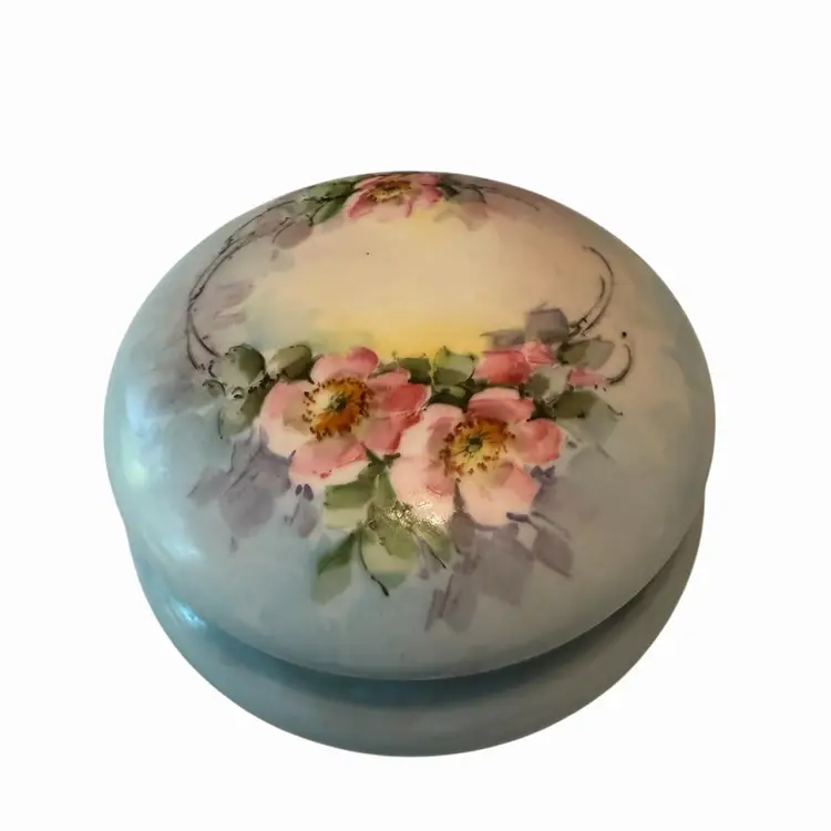 Antique Limoges Porcelain Round Trinket Dish Keepsake Holder Dresser Box Powder Vanity Box Hand Painted Flowers France