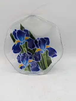 Peggy Karr Handcrafted Fused Glass Iris Art Bowl - Blue Bearded Iris Floral Slumped Glass - 8.5"
