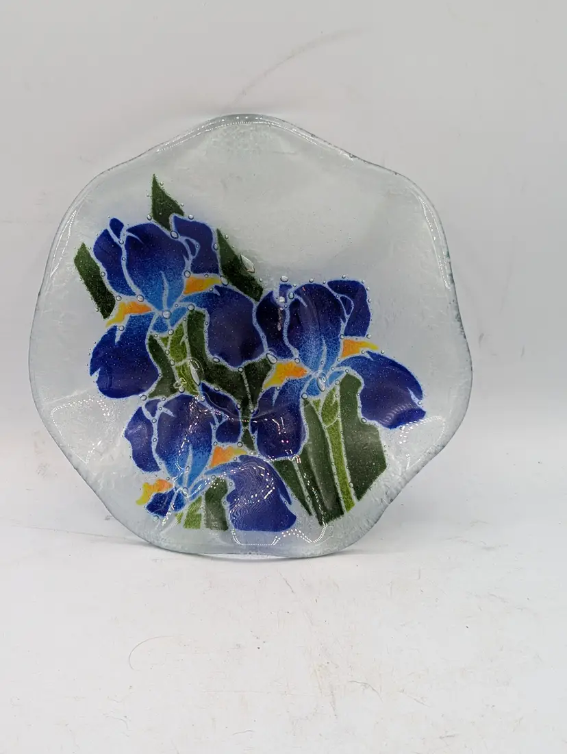 Peggy Karr Handcrafted Fused Glass Iris Art Bowl - Blue Bearded Iris Floral Slumped Glass - 8.5"