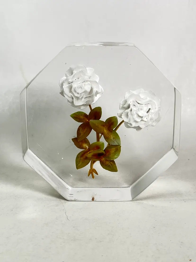 Vintage Reverse Carved Painted Lucite Paperweight Flower Bouquet Pattern