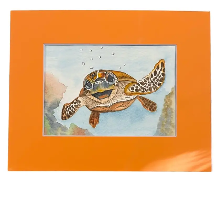 Original Watercolor Turtle, 5 X 7” In 8 X 10” Orange Matte