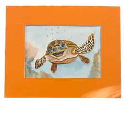 Original Watercolor Turtle, 5 X 7” In 8 X 10” Orange Matte