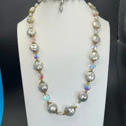 Silver Foiled, Beads, And AB Crystal, Gold Tone, Hook Closure 36” Long