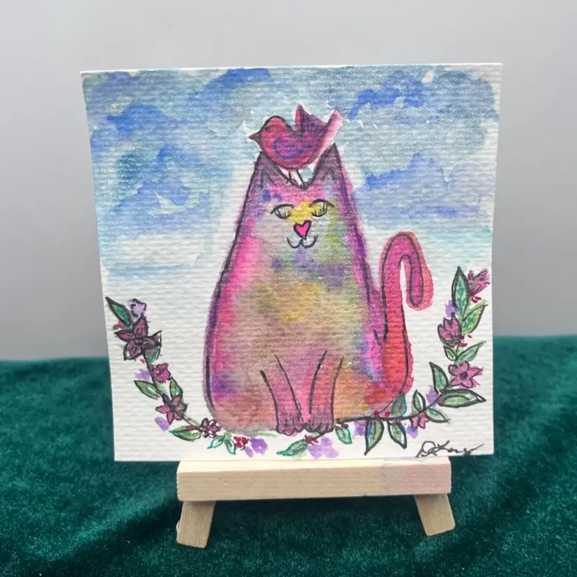 Art By Me- 4”x4”Original Ink & Watercolor “Purrrfect vibe” Painting
