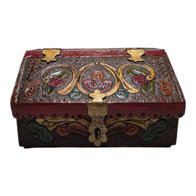 Hand Tooled Leather Wrapped Wooden Box With Intricate Floral Embossed Design & Red Lining