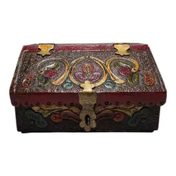 Hand Tooled Leather Wrapped Wooden Box With Intricate Floral Embossed Design & Red Lining