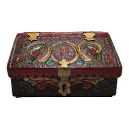 Hand Tooled Leather Wrapped Wooden Box With Intricate Floral Embossed Design & Red Lining