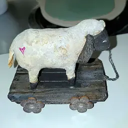 🧡 New 4" PUTZ Like Sheep & Cart Handmade Spun Cotton Art German Old World Inspired Lamb Pull Toy Cart Is Cardboard Believe It!..Right?..I Know!!