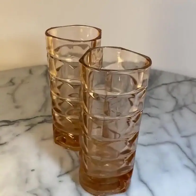 #0405 French vintage 70s luminarc rosaline blush pink glass vase geometric France Matching Pair