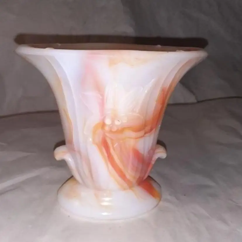 #01 Vintage Akro Agate Slag Glass orange white & yellow vase 4 1/2 in 1930s