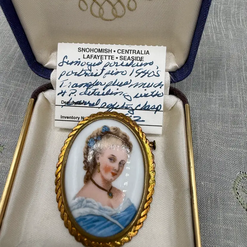Vintage Limoges France Porcelain Portrait Brooch 1940s Lady Blue Dress Gold Plated 2x1.5”