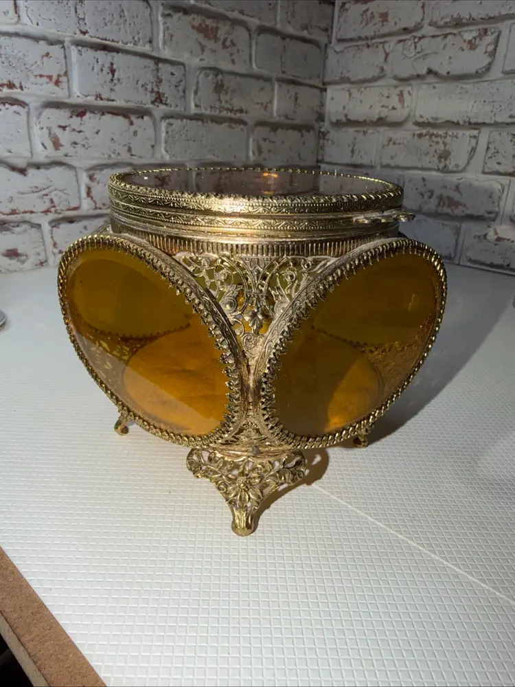 Antique Ormolu Filigree Trinket Casket Vitrine Box Beveled Amber Glass