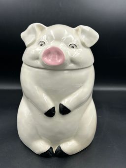 Vintage Ceramic Smiling Pig, Grease/cookie Jar With Strainer