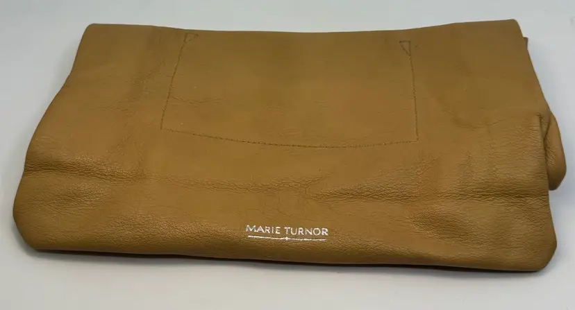 Leather Lunch Clutch Bag by Marie Turnor Tan 11”x 8”x 3” Magnetic Roll Top