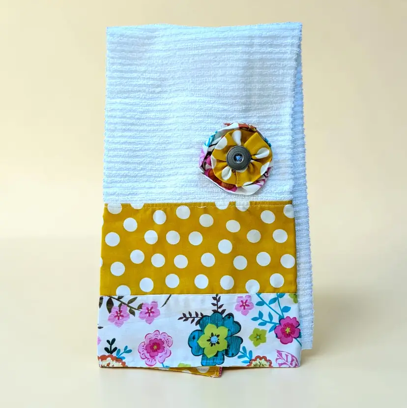 Handmade Hand Guest Towel Flower and Yellow Polka Dot Fabric Trim Button Flower
