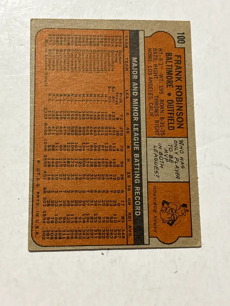Frank Robinson – 1972 Topps # 100 Baltimore Orioles VG-EX O/C