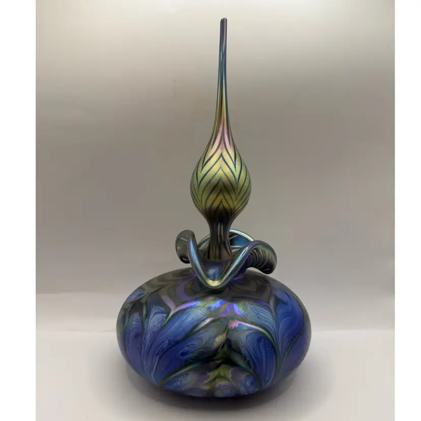 Daniel Lotton Iridescent Blue Pulled Fern Massive Art Glass Perfume Bottle 10.5x6”
