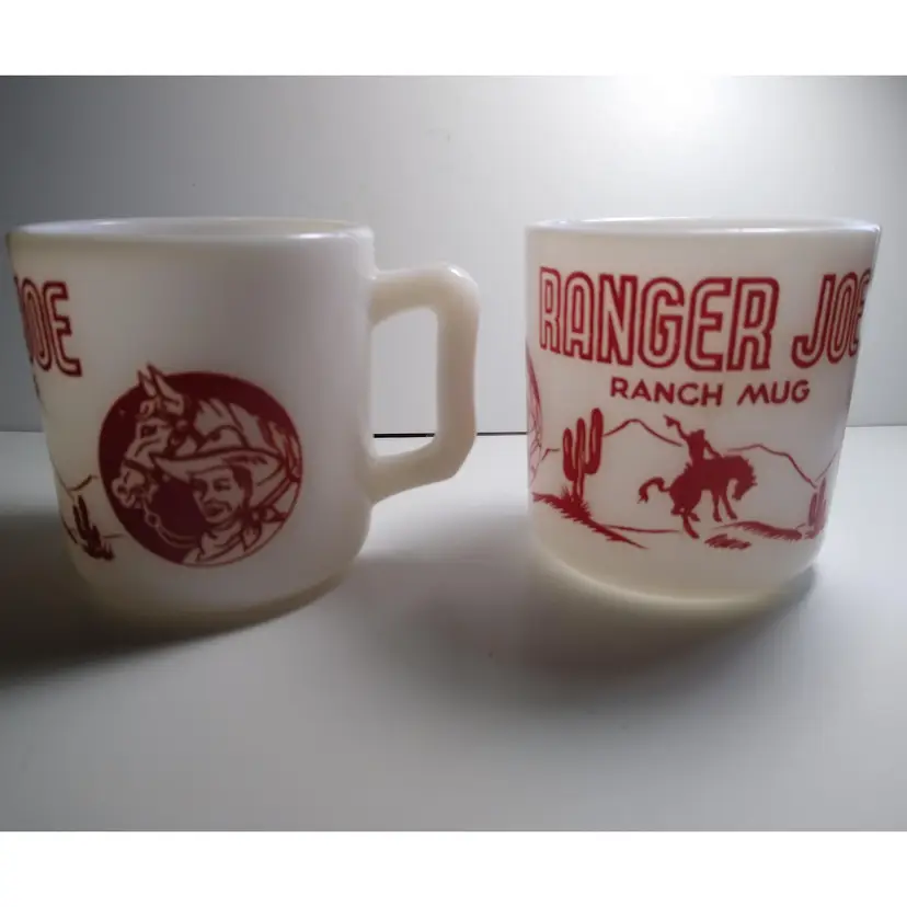 Ranger Joe Ranch Mug Set Of 2 Vintage Cowboy Western Cactus Horse Milk Glass