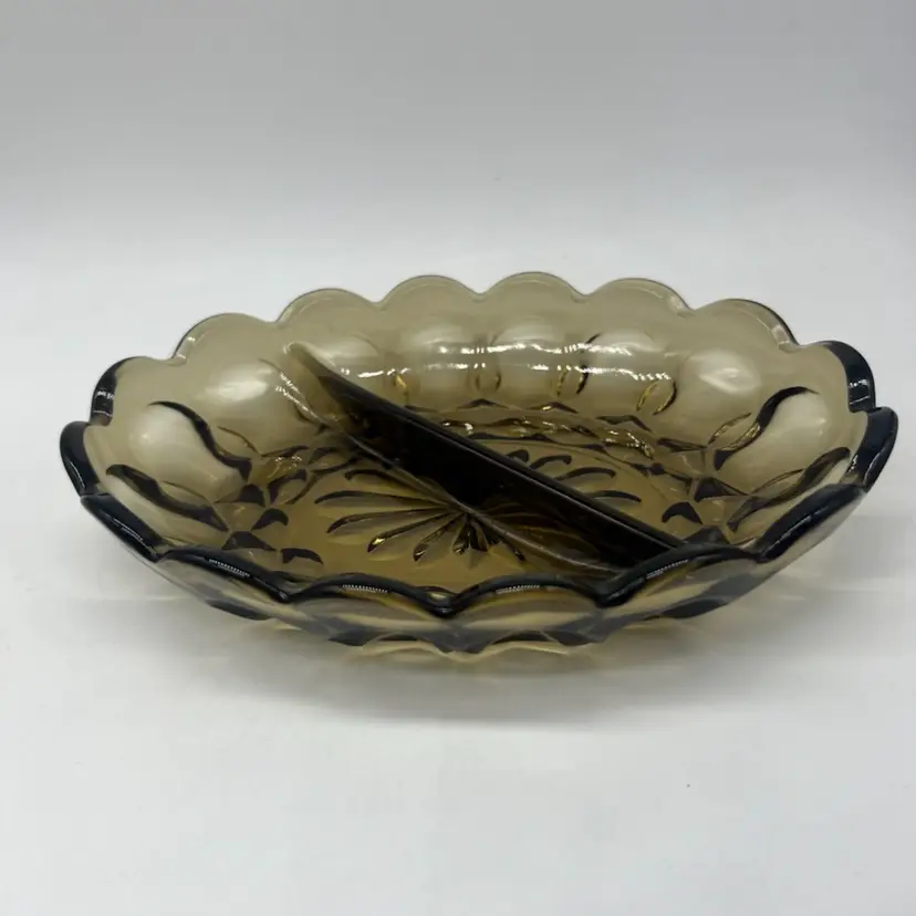 Vintage Anchor Hocking Smoke Colored Divided Relish Dish In Fairfield Pattern