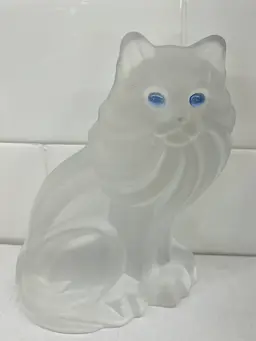 Vintage Frosted Glass Persian Kitty Cat Blue Eyes