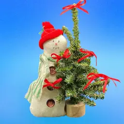 Primitive Folk Art Snowman Christmas Tree Bows Cloth Figurine Holiday Handmade