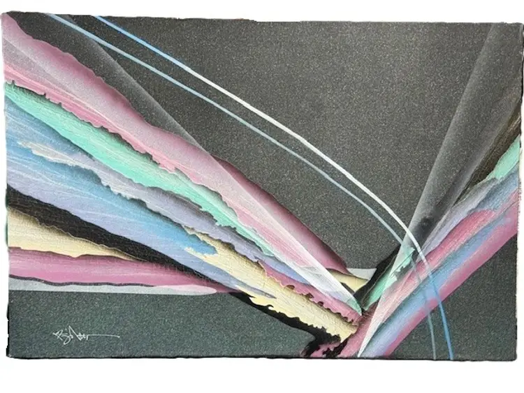 Large Vintage 1980's Signed Kingston Original Mixed Media Futurism Abstract Acrylic Painting on Stretched Canvas