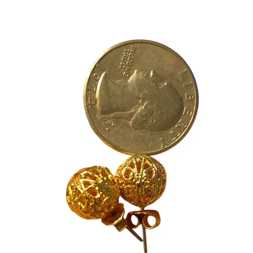Gold Tone Ball Shape Stud Earrings With Beautiful Filigree