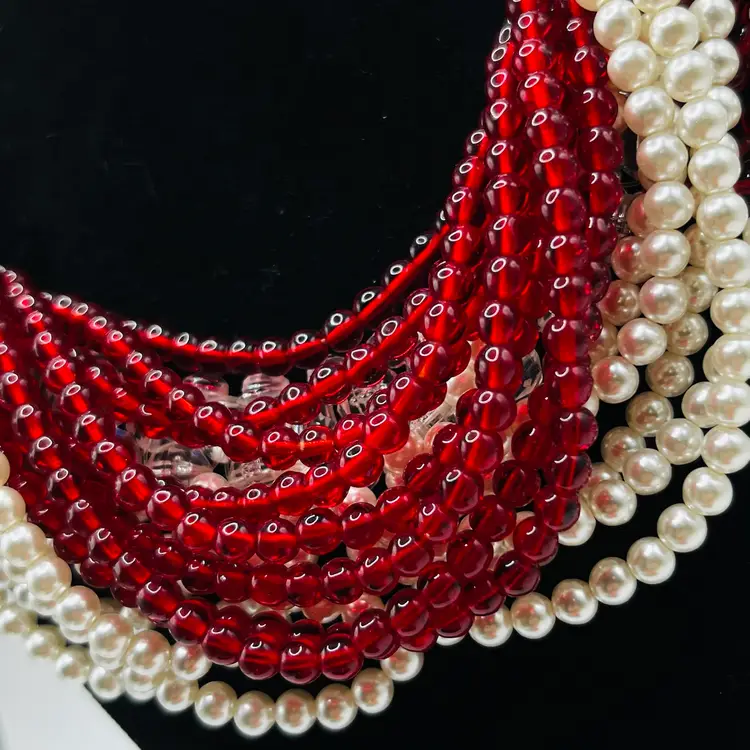 Vintage Estate Runway Statement Faux Pearl Red Crystal Bead Multi strand Choker
