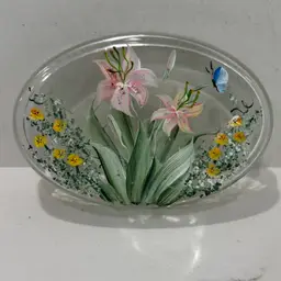 Clear Glass Hand Painted Butterfly And Flowers Paperweight