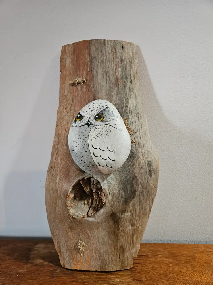 Owl stone folkart signed