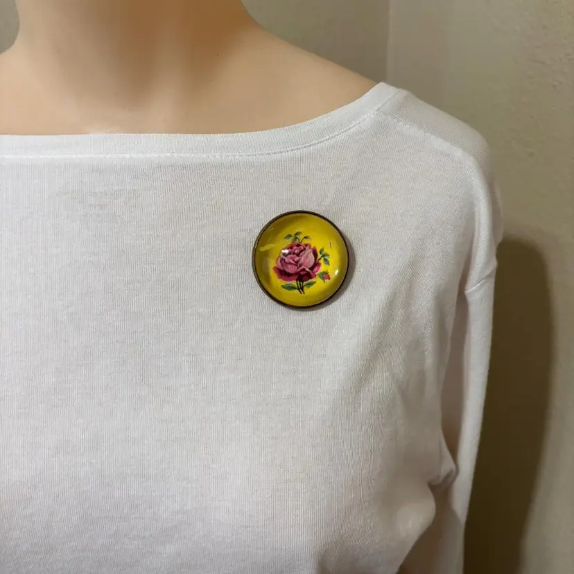 Victorian Convex Glass Dome Brooch Pin Yellow Red Rose Vintage Granny Antique