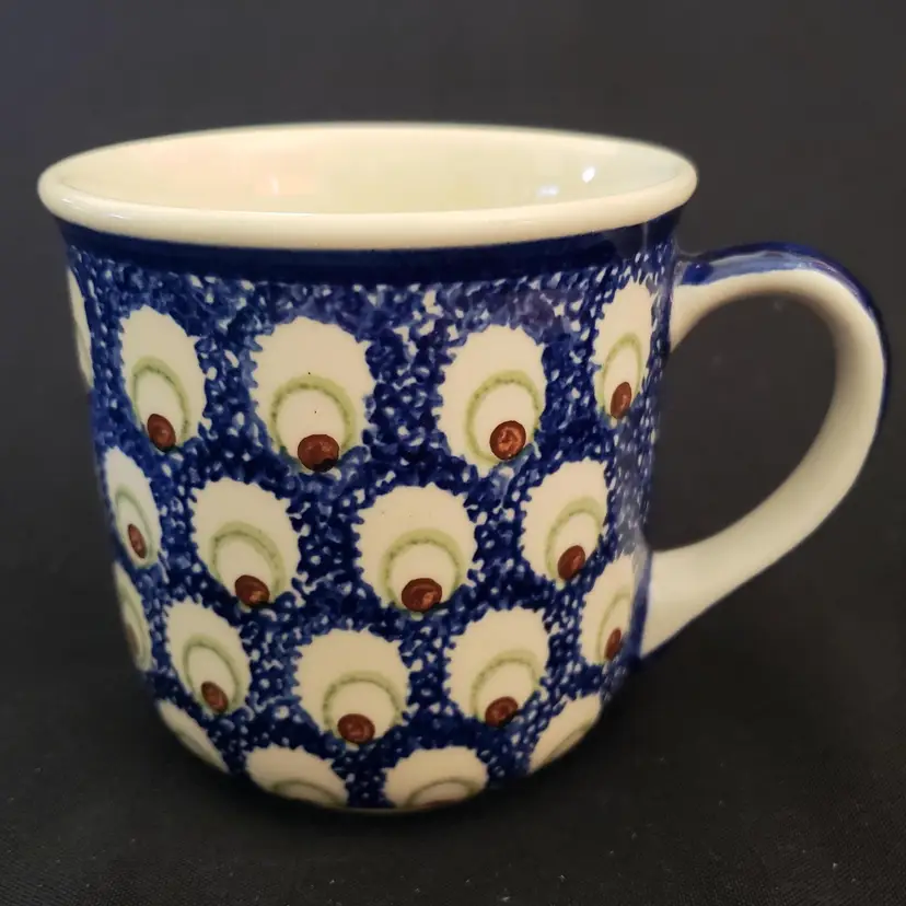 Boleslanca Poland Coffee Mug Ceramic Hand Made Dark Blue & White Repeat Dot 3½"