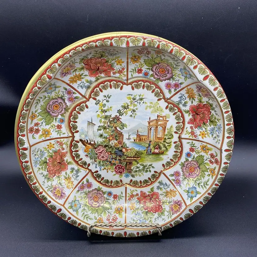 #3507 Daher Tin Bowl Tray Asian Boats and Floral  Design 1971 Vintage 10 inch
