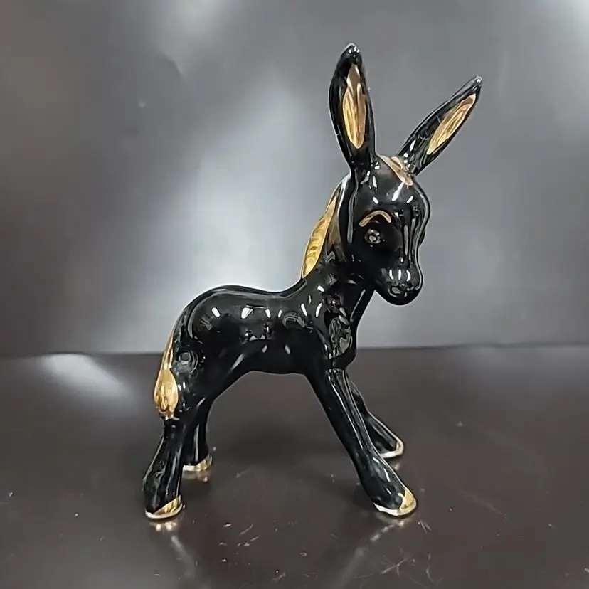 Vintage MCM Black Donkey, Gold Trim Ceramic Figurine